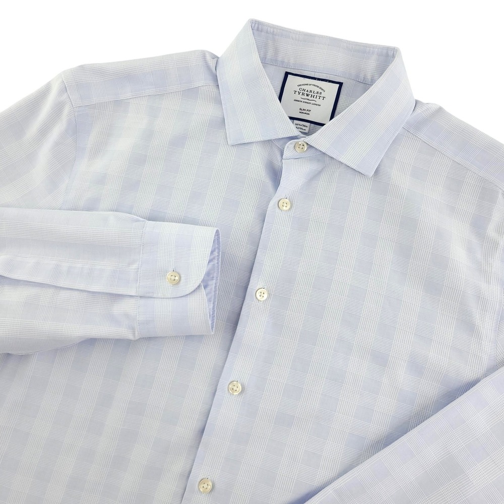 Charles Tyrwhitt Dress Shirt Mens 16.5 36/37 Blue Check Slim Fit Non Iron Cotton